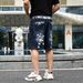 Men's Blue Loose Straight Leg Denim Shorts Mid-Length Patchwork Trendy Brand Five-Point Print Cross-Border European Size_mkmklike.com