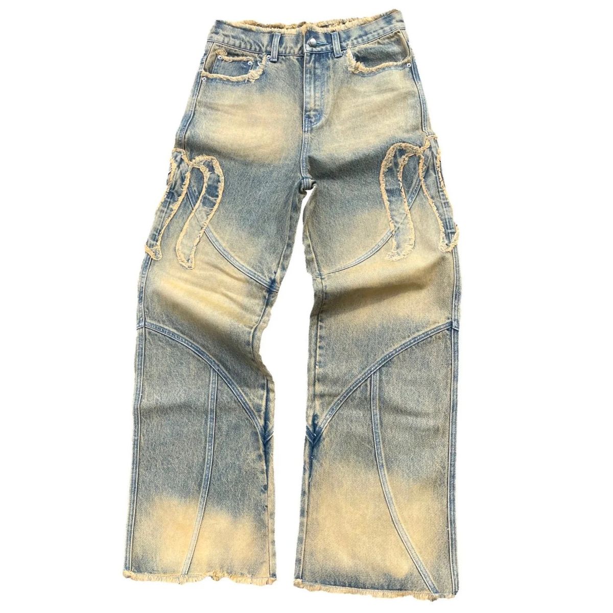 Men's Embroidered Washed Denim Jeans High And Low Waist Straight Leg Wide Leg Trousers European American Style_mkmklike.com