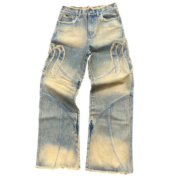 Men's Embroidered Washed Denim Jeans High And Low Waist Straight Leg Wide Leg Trousers European American Style_mkmklike.com