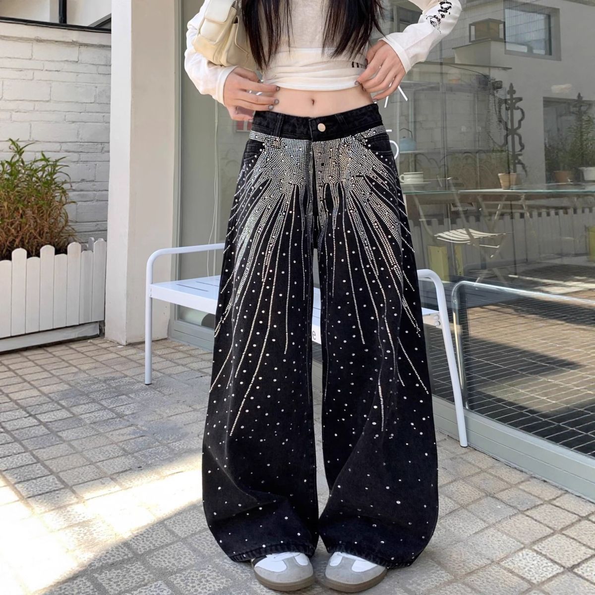 Plus Size Vintage Washed Distressed Jeans For Women - High Waist Loose Fit Wide Leg Pants With Rhinestone Embellishments_mkmklike.com