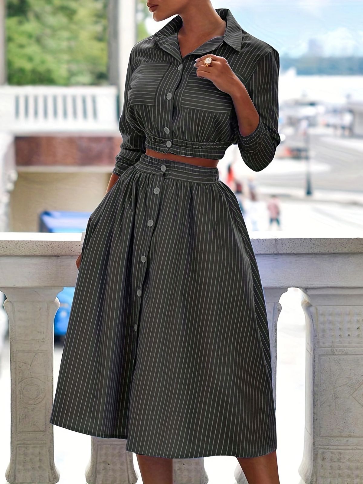 Women's Clothing Long sleeve striped shirt suit skirt_mkmklike.com