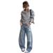 Women's Clothing Distressed Washed Wide-Leg Jeans For Women - Vintage Streetwear High Waist Loose Fit Denim Pants With Raw Hem Details_mkmklike.com