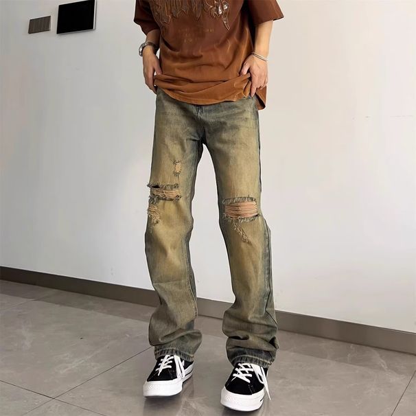 Men's Retro High Street Washed Distressed Ripped Jeans Cleanfit Loose Fit Straight Leg Trendy Casual Normcore_mkmklike.com