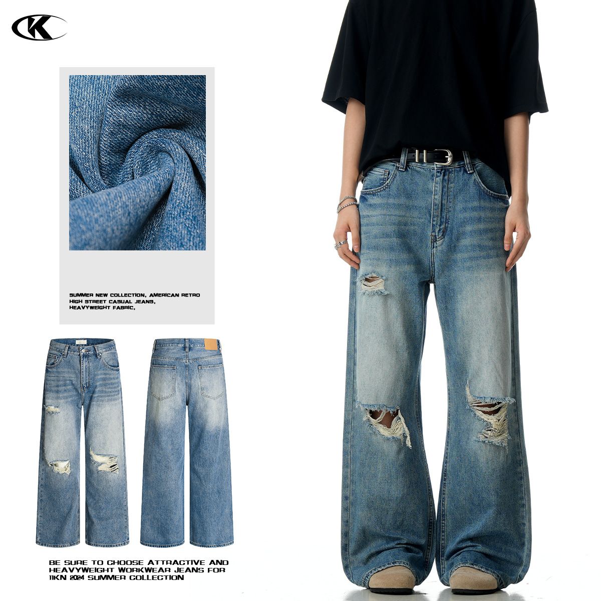 Men's Clothing Blue Straight Ripped Jeans Vintage Washed Blue Straight Leg Distressed Jeans For Men & Women - Relaxed Fit, Stacked Hem, Wide Leg_mkmklike.com