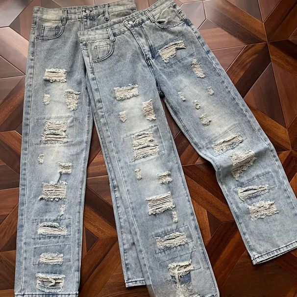 Men's Clothing Vibe Style Pants High Street Vintage Distressed Blue Jeans – High Street Baggy Fit Retro Washed Denim Pants With Ripped Details_mkmklike.com