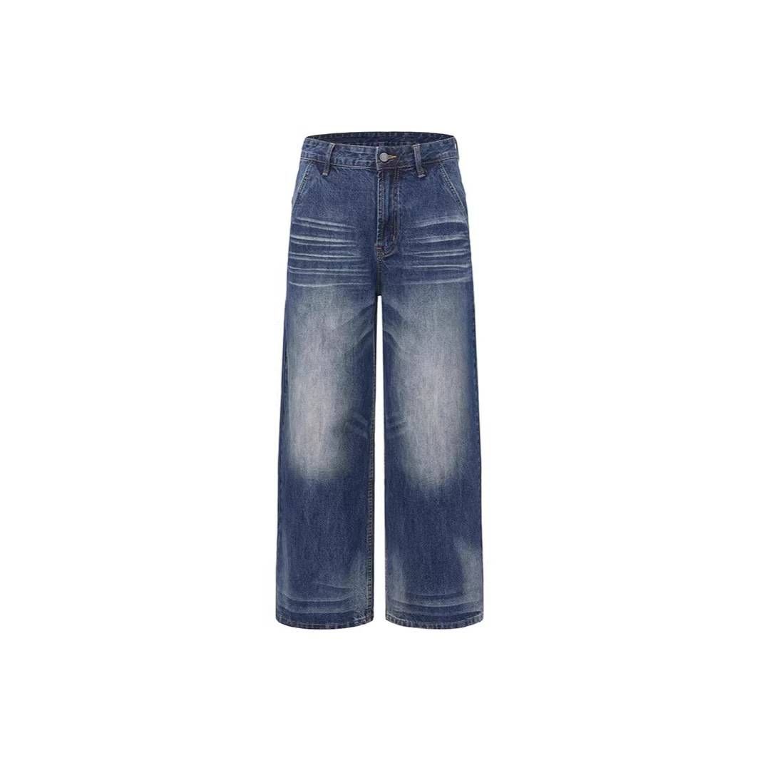 Vintage High-Waisted Relaxed Fit Jeans For Men - Distressed Washed Denim Pants With Multiple Pockets, Straight Leg, No Stretch, Classic Blue_mkmklike.com