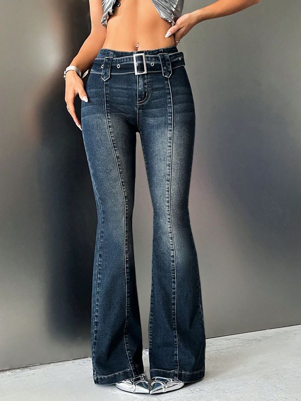 Spring/Winter Slim Fit Flared Pants High Waisted Denim Trendy Versatile Slimming Dark Blue American Style_mkmklike.com