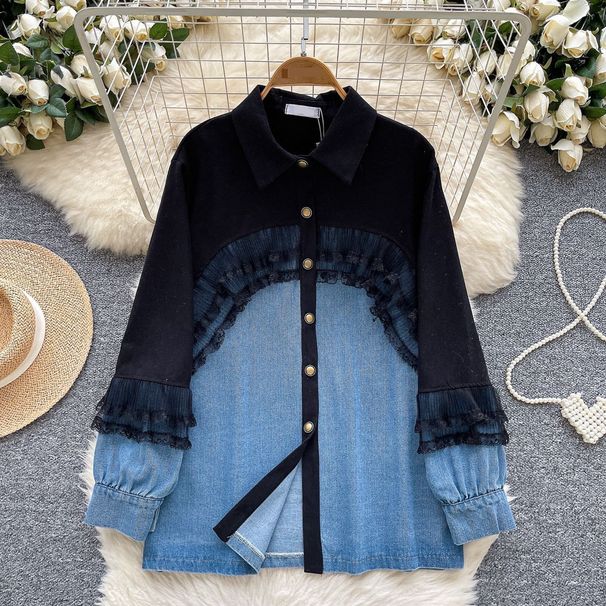 Women's Clothing Design Lace Stitching Contrast Color Long Sleeved Denim Shirt Loose Versatile Single Breasted Jacket_mkmklike.com