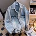 Men's Distressed Denim Jacket With Washed Effect Streetwear Style Workwear Coat, Loose Fit, Turn-Down Collar, Multiple Pockets, Casual Outerwear_mkmklike.com