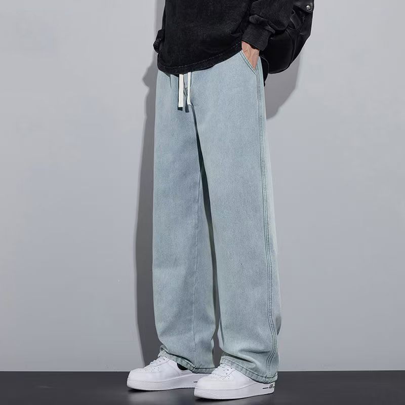 Men's American Heavyweight Washed Denim Jeans High Street Style Summer Straight Leg Slimming Wide Leg Trousers Black Gray Blue_mkmklike.com