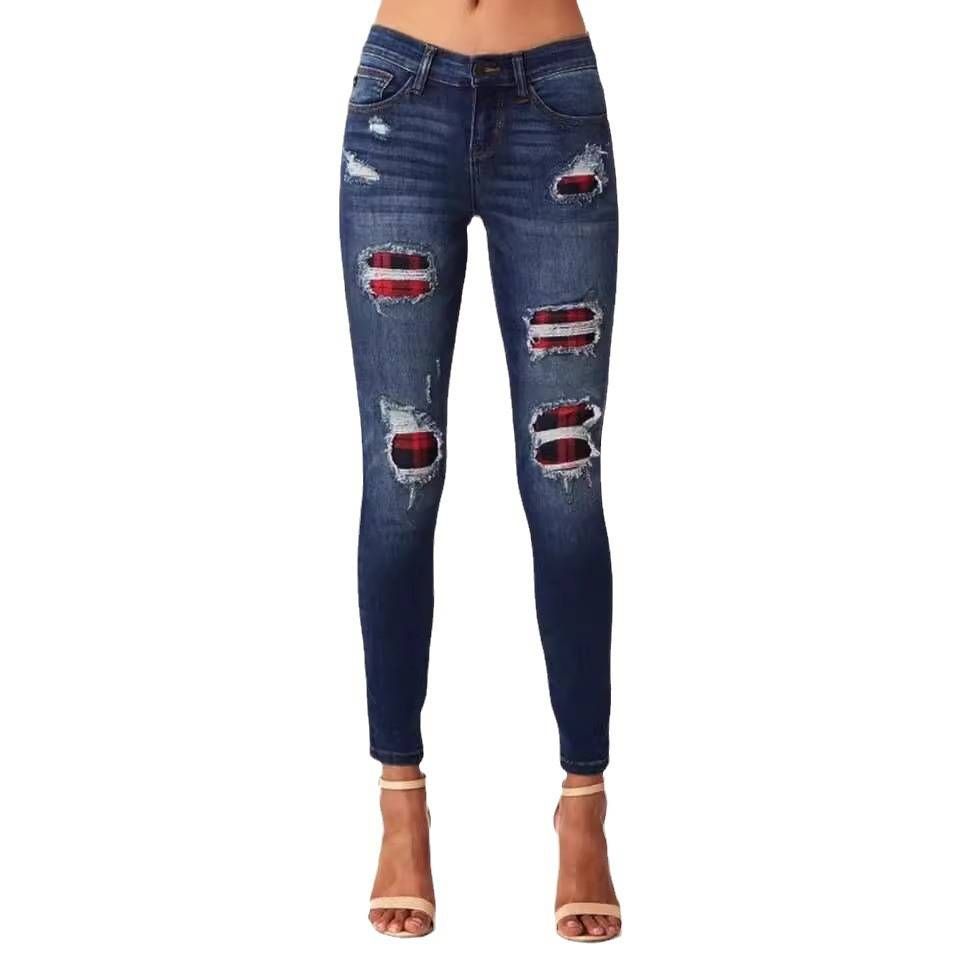 Women's Clothing Leopard Print Ripped Patch Stretch Jeans_mkmklike.com