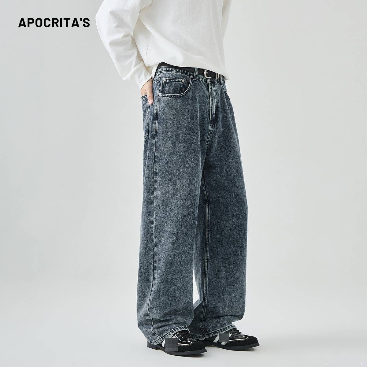 Men's Distressed Loose-Fit Jeans – High Street Washed Denim, Straight Leg & Comfort Stretch, Vintage Blue & Black, S-XXL_mkmklike.com