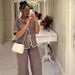 Women's European And American Style Strapped Design Color-Block Short Sleeve Shirt And Wide Leg Pants Two-Piece Casual Versatile Set_mkmklike.com