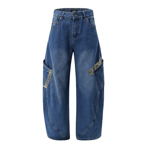Men's Cargo Denim Scimitar Vibe Trendy Brand Design Color Block Pocket Personality Loose Wide Leg Straight Long Pants_mkmklike.com