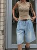 Women's High-Waisted Wide Leg Denim Shorts – Relaxed Fit, Gathered Waist (XS-XXL, Bluish/Light Blue/Black)_mkmklike.com