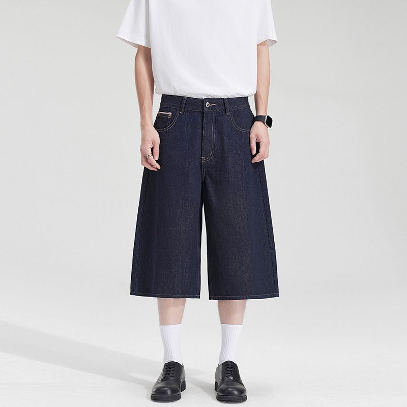 LKTM Men's Minimalist Wide Leg Cropped Jeans Loose Fit Raw Denim Unisex Cleanfit Shorts_mkmklike.com