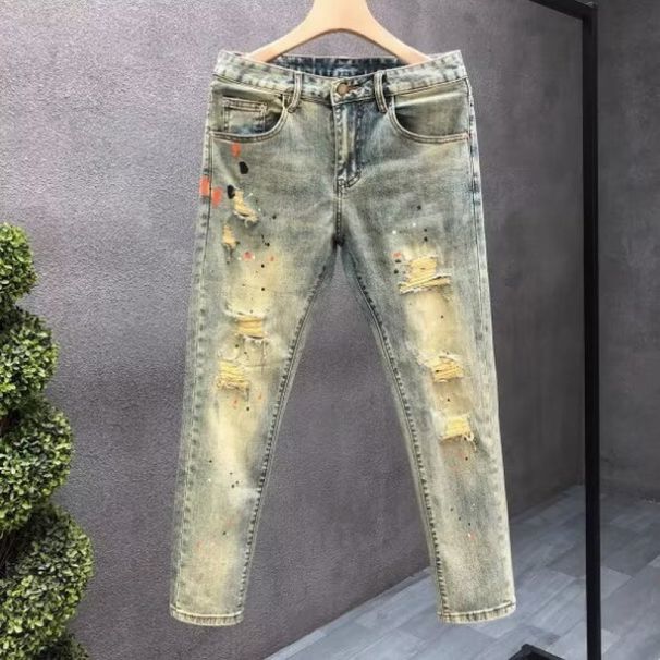 Ink Splash Distresse Nine-point Jeans For Men Slim Fit Skinny Stretch Rippe Patche Cool Street Style Personality_mkmklike.com