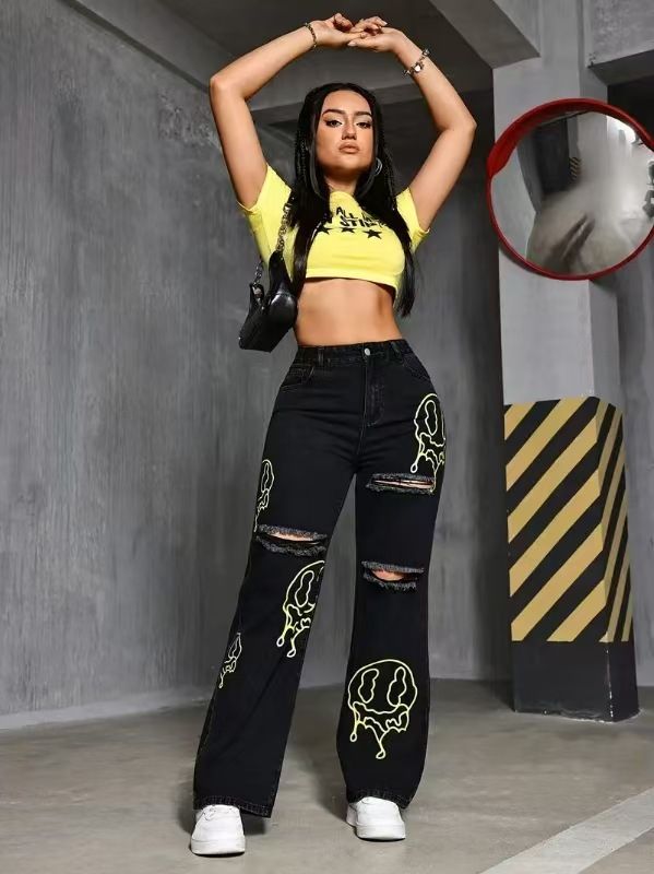 Unisex Hip-Hop Embroidered Jeans – Oversized Straight-Leg Denim Pants With 3D Print – Streetwear Essentials_mkmklike.com