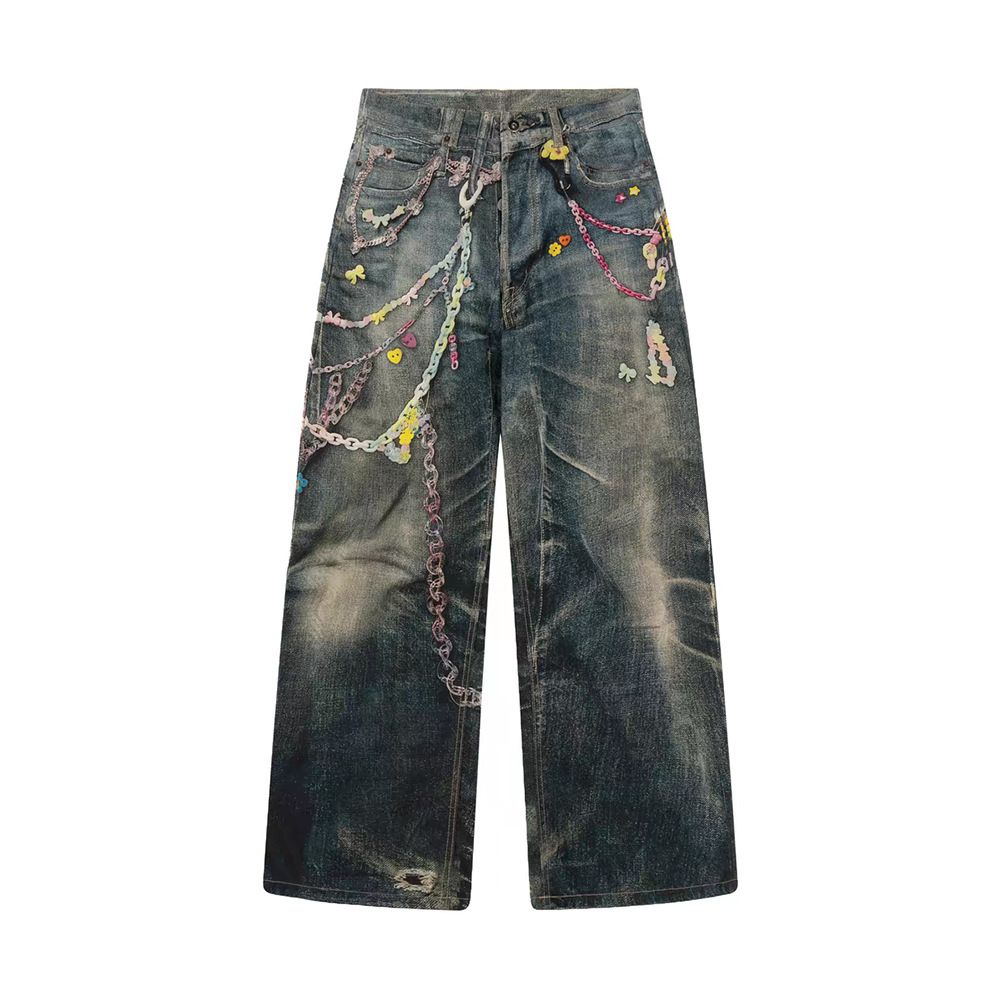 3D Digital Chain Print Vintage Jeans Punk Wasteland Trendy Design Niche Loose Wide-Leg Pants For Men_mkmklike.com