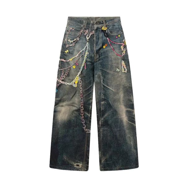 3D Digital Chain Print Vintage Jeans Punk Wasteland Trendy Design Niche Loose Wide-Leg Pants For Men_mkmklike.com