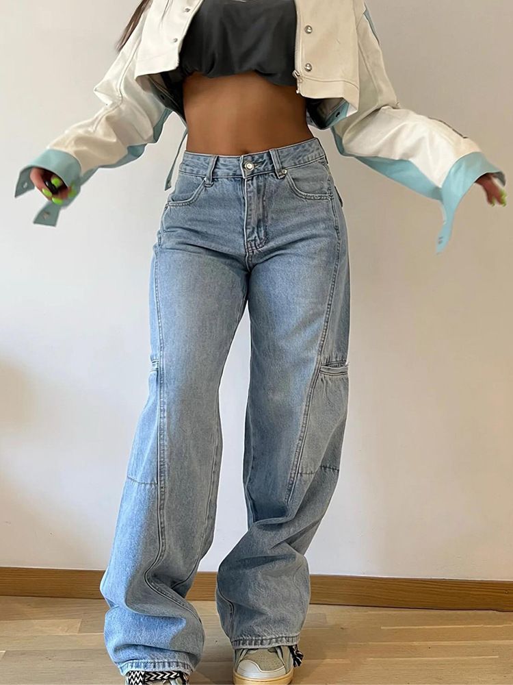 Women's Wide-Leg Workwear Jeans – Relaxed Fit, Utility Styling, 95% Cotton Stretch Denim (Midweight, Functional Pockets, Classic Blue)_mkmklike.com