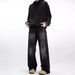 Men's Clothing Retro Vintage Black Washed Straight Leg Jeans For Men - High Street Vibe, Streetwear Design, Loose Fit, Distressed Details_mkmklike.com