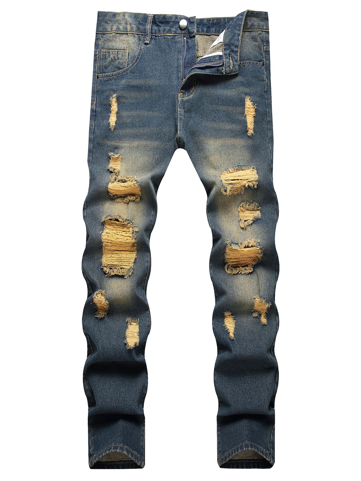Men's Ripped Straight Fit Denim Jeans – Vintage Blue Washed Cotton Pants For Street Style (Sizes 28-40, Classic Blue)_mkmklike.com
