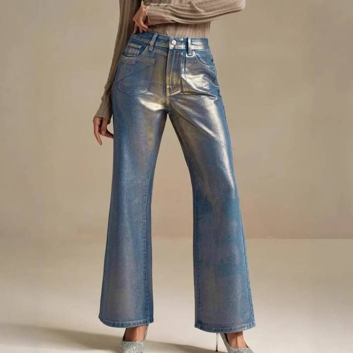 Women's Retro Gold Plated Flared Jeans Slimming Regular Fit Full Length Casual Fashion_mkmklike.com