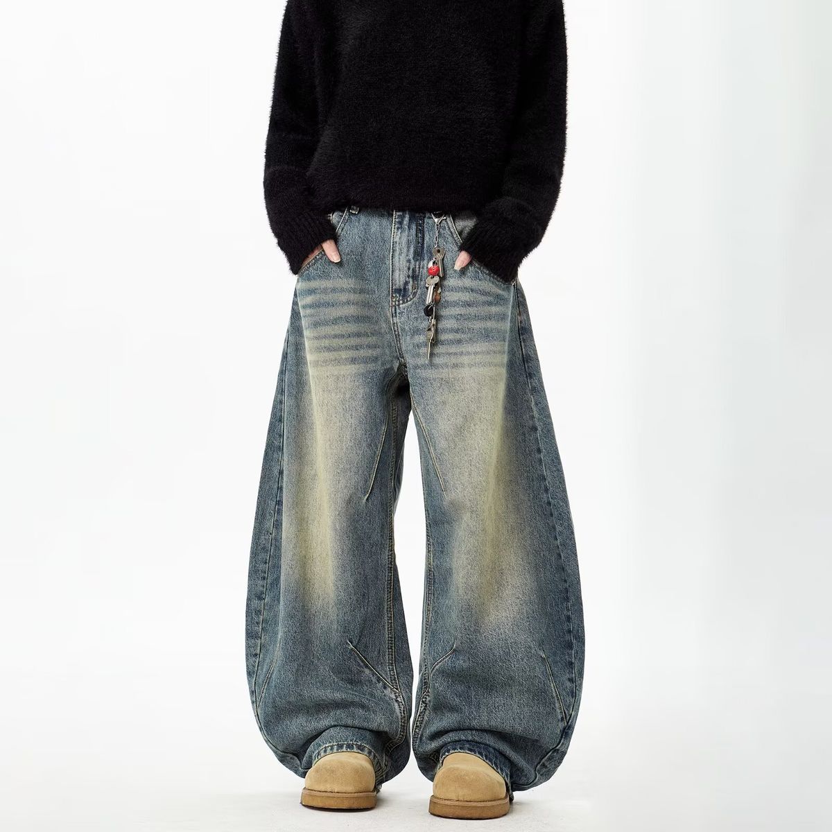 Unisex Retro Washed Curved Jeans Trendy American Loose Silhouette Slimming Wide Leg Pants_mkmklike.com
