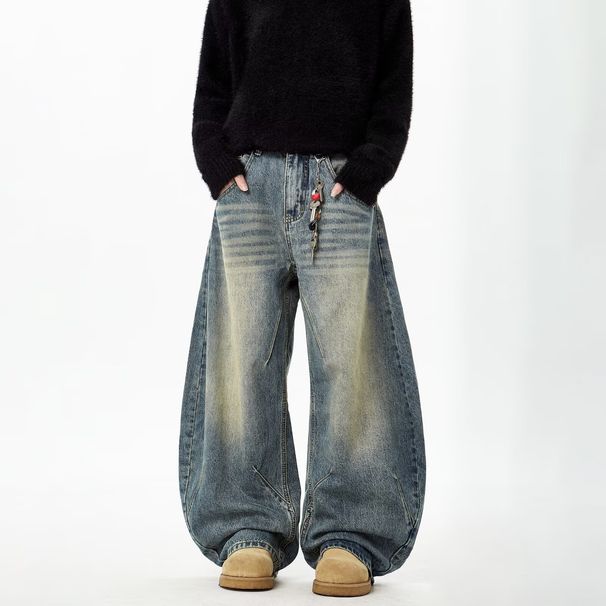 Unisex Retro Washed Curved Jeans Trendy American Loose Silhouette Slimming Wide Leg Pants_mkmklike.com