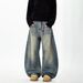 Unisex Retro Washed Curved Jeans Trendy American Loose Silhouette Slimming Wide Leg Pants_mkmklike.com