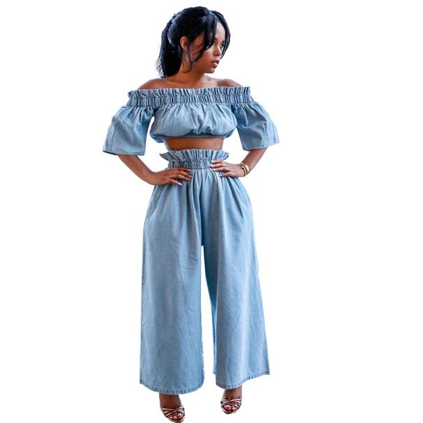 Women's Clothing One Shoulder Navel Baring Top Short Sleeved Wide Leg Solid Color Denim Suit For Women_mkmklike.com