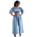 Women's Clothing One Shoulder Navel Baring Top Short Sleeved Wide Leg Solid Color Denim Suit For Women_mkmklike.com