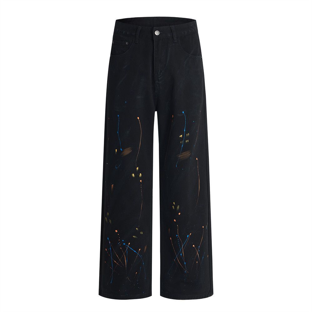 Punk Wasteland Ink Splash Spray Paint Jeans Men's High Street Trend Niche Loose Casual Straight Long Pants Design Sense_mkmklike.com