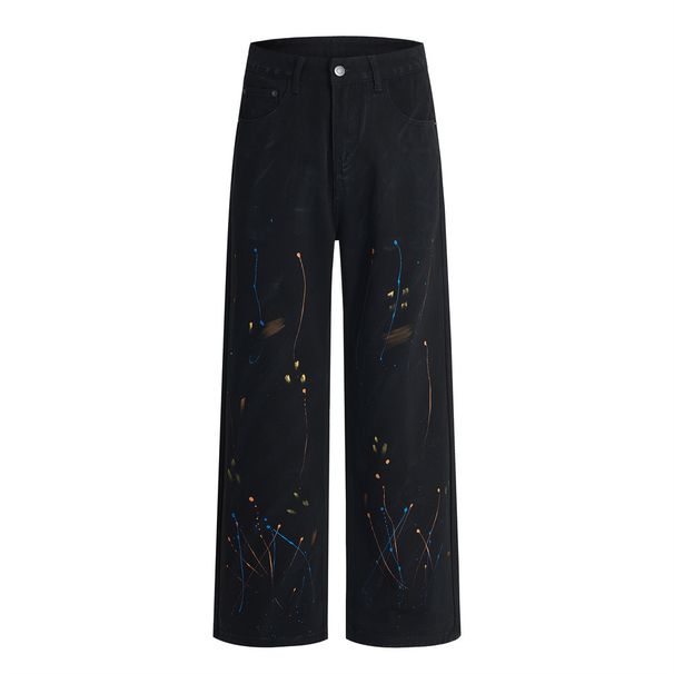 Punk Wasteland Ink Splash Spray Paint Jeans Men's High Street Trend Niche Loose Casual Straight Long Pants Design Sense_mkmklike.com