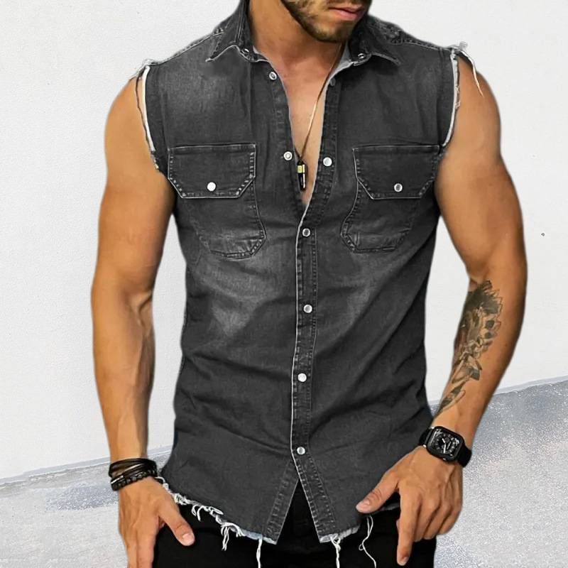 Premium Denim T-shirt, Men's Lapel Sleeveless Cardigan Top, Muscle Vest_mkmklike.com