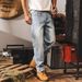 Light Blue Men's Straight Leg Jeans Mid Waist Loose Fit Casual Long Pants Slight Stretch Machine Washable Trendy Autumn Style_mkmklike.com