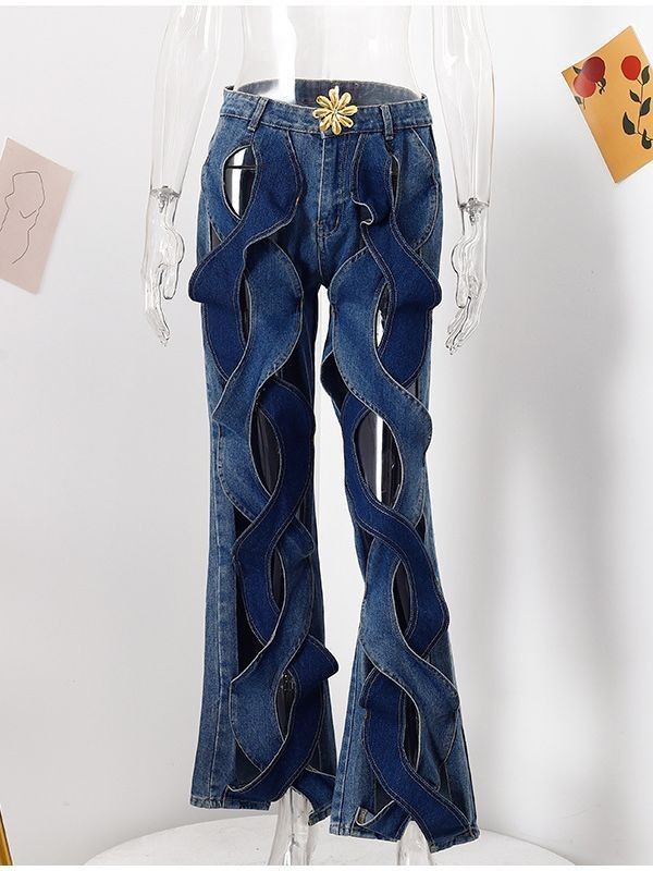 Women's Clothing Fabric upgrade casual style love twist hollow jeans_mkmklike.com