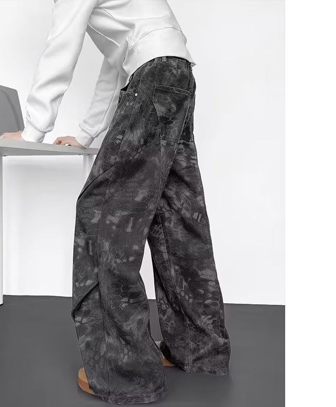 American Retro Camouflage Snake Pattern Tooling Jeans Men's High Street Hiphop Casual Straight Scimitar Wide-leg Trousers_mkmklike.com