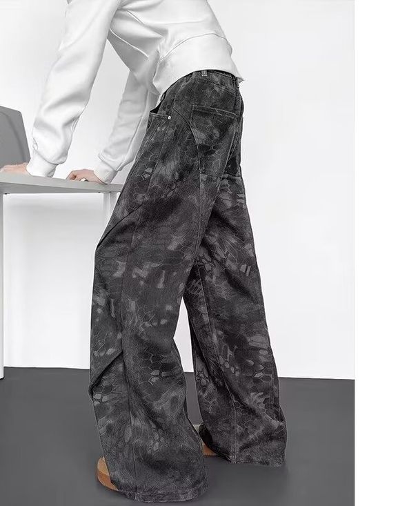 American Retro Camouflage Snake Pattern Tooling Jeans Men's High Street Hiphop Casual Straight Scimitar Wide-leg Trousers_mkmklike.com