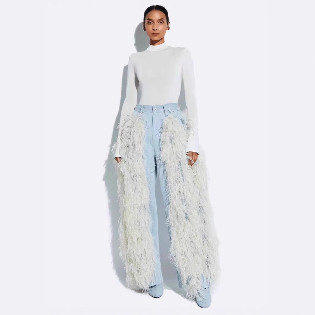 Stretch Straight Leg Jeans With Faux Fur & Edgy Patchwork Design - High Waist Comfort Denim For Trendsetters (Blue, S-2XL)_mkmklike.com