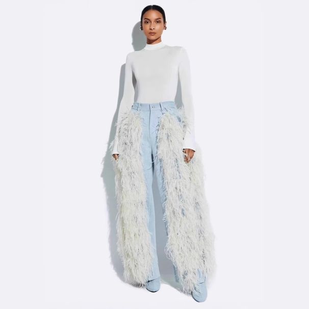 Stretch Straight Leg Jeans With Faux Fur & Edgy Patchwork Design - High Waist Comfort Denim For Trendsetters (Blue, S-2XL)_mkmklike.com