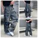 Men's Gray Distressed Jeans – Vintage High Street Baggy Denim Pants With Frayed Hem & Hand-Painted Details – Retro Loose Fit Streetwear Trousers_mkmklike.com