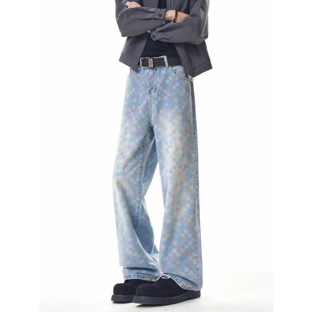 Men’s Colorful Checkered Straight-Leg Jeans – Retro Vibe Stretch Denim Pants For Casual & Streetwear (Blue, Sizes S- To 3XL)_mkmklike.com