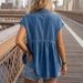 Women's Cap Sleeve Denim Blouse, Casual Loose Pleated Babydoll Shirt, Button Down Collared Peplum Top For Daily Streetwear Summer Everyday Wear, Soft_mkmklike.com