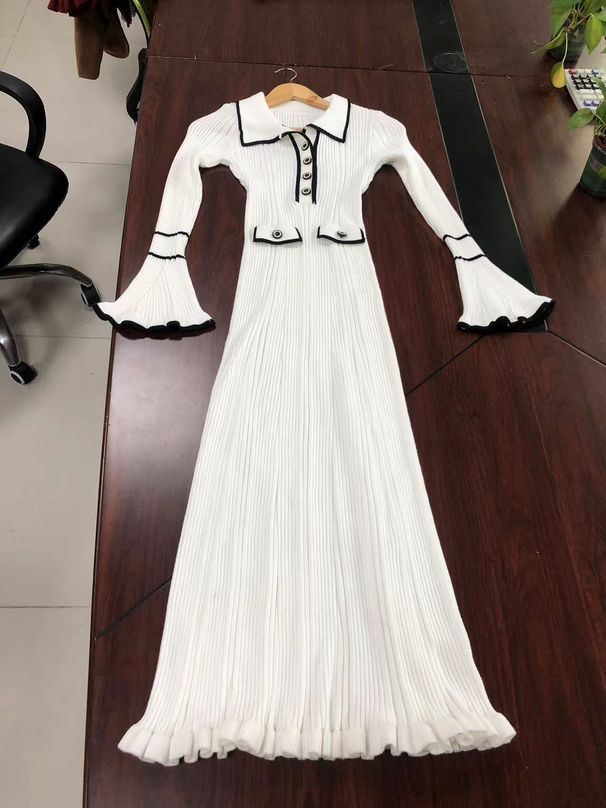 Women's Clothing Ruffled dress knitted dress long sleeve lapel button earrings _mkmklike.com