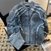 Retro American-Style Distressed Denim Jacket – Oversized Shoulder Pads, Raw Hem Fringe, Vintage Biker Look (M-3XL, Black & Blue)_mkmklike.com