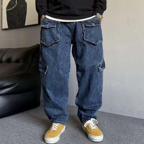 Men's American Retro Pocket Jeans High Street Style Straight Leg Wide Leg Cargo Pants Trendy On Instagram Spring Collection_mkmklike.com
