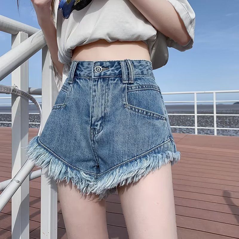 Women’s Clothing Summer New Style Small Pink Denim High Waist Hot Girl Raw Edge Loose Shorts New Style Tassel Hot Pants_mkmklike.com