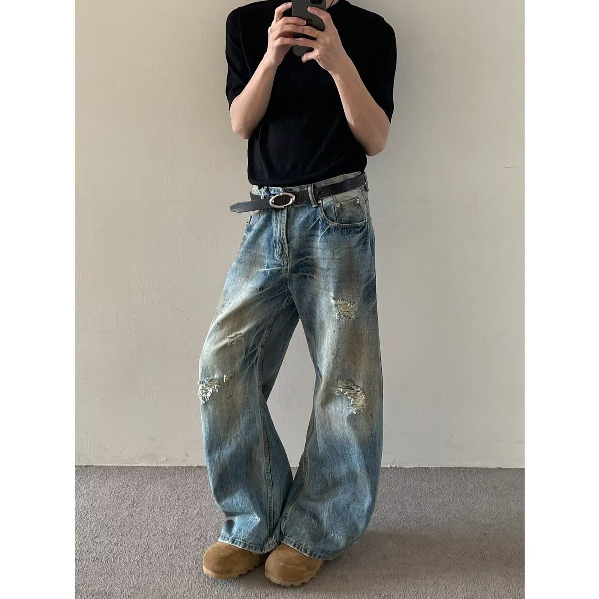 Men's Trendy Loose Straight Leg Jeans High Street Style Vibe American Retro Washed Distressed Curved Trousers_mkmklike.com
